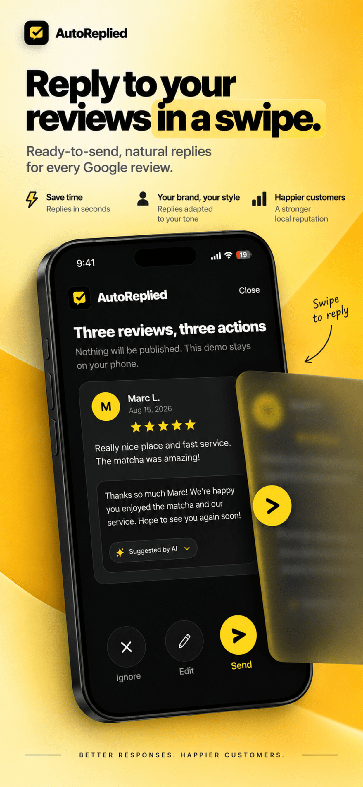 AutoReplied demonstration: a Google review with a reply ready to publish
